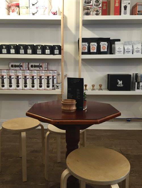 Rustic seating and plenty of coffee to buy