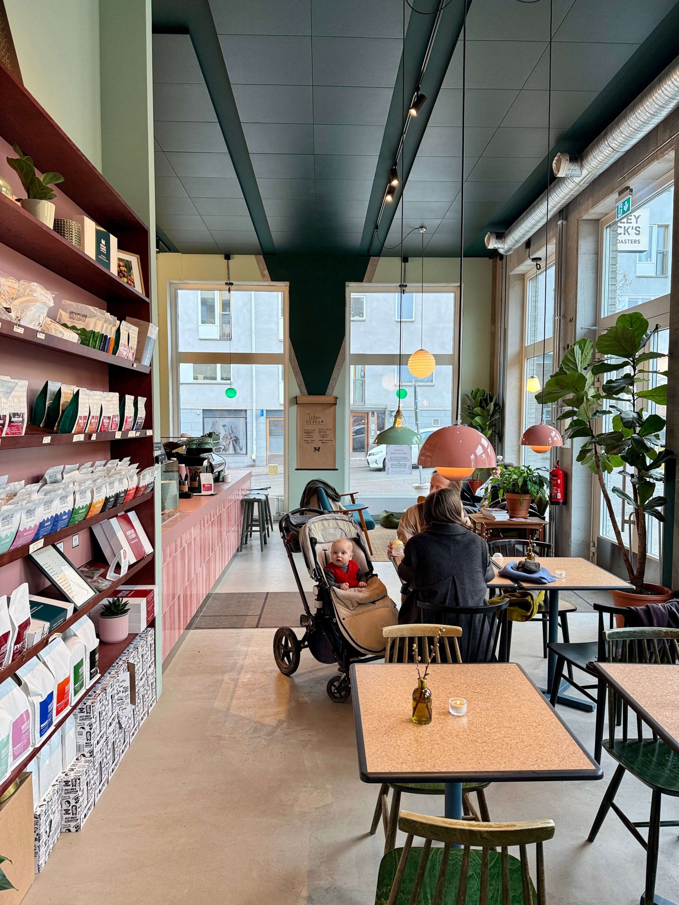 View of a café with merchandise on the left