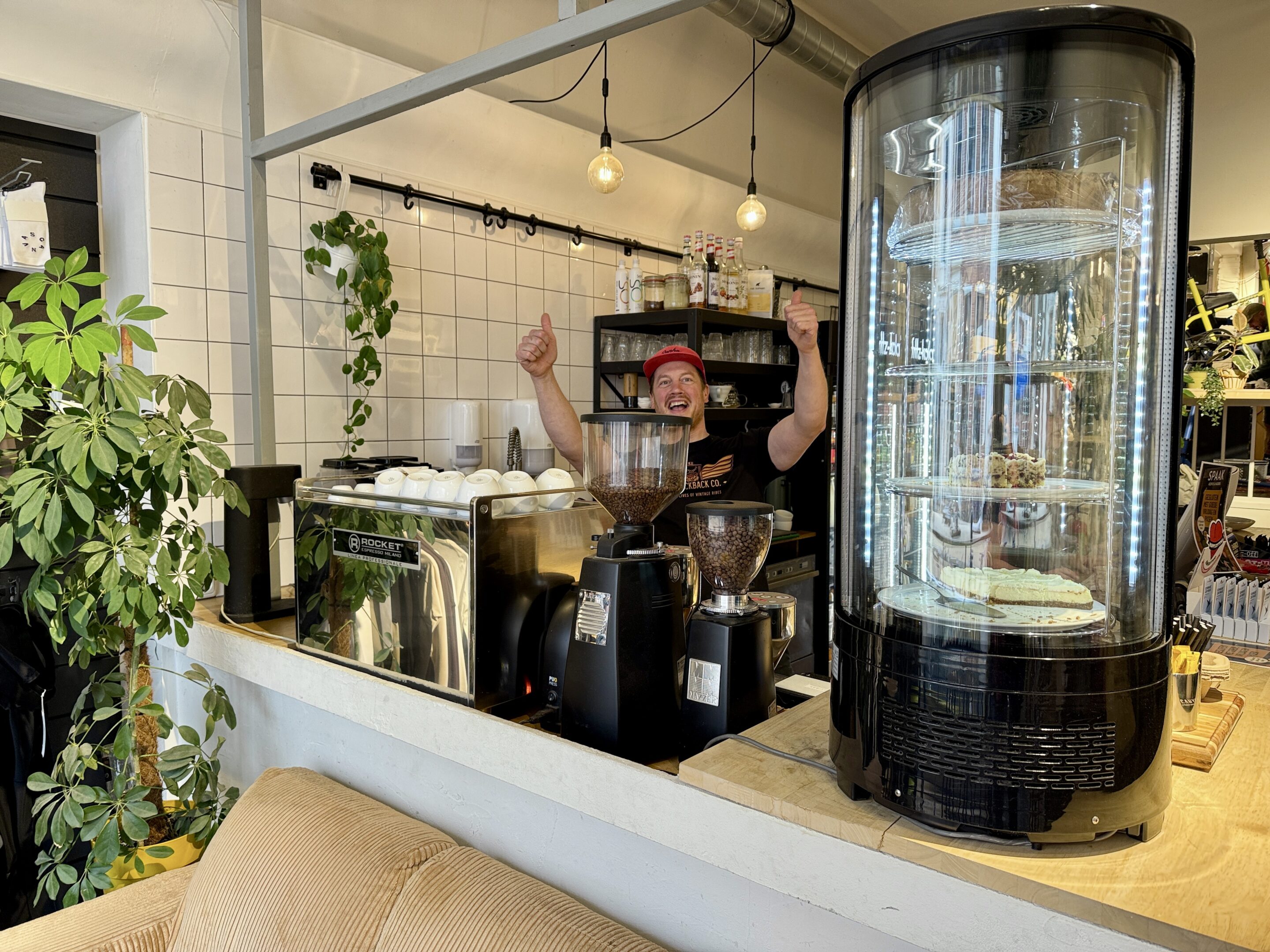 View of a espresso bar counter with an espresso machine on top