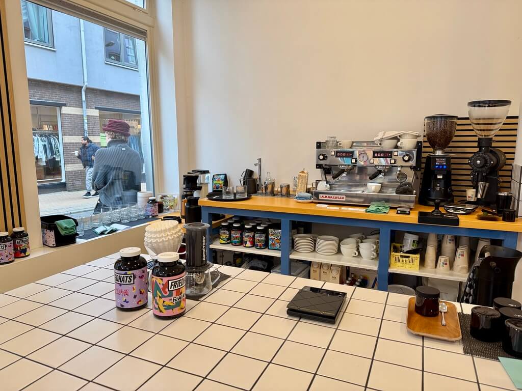 View of the coffee bar with a tiled counter