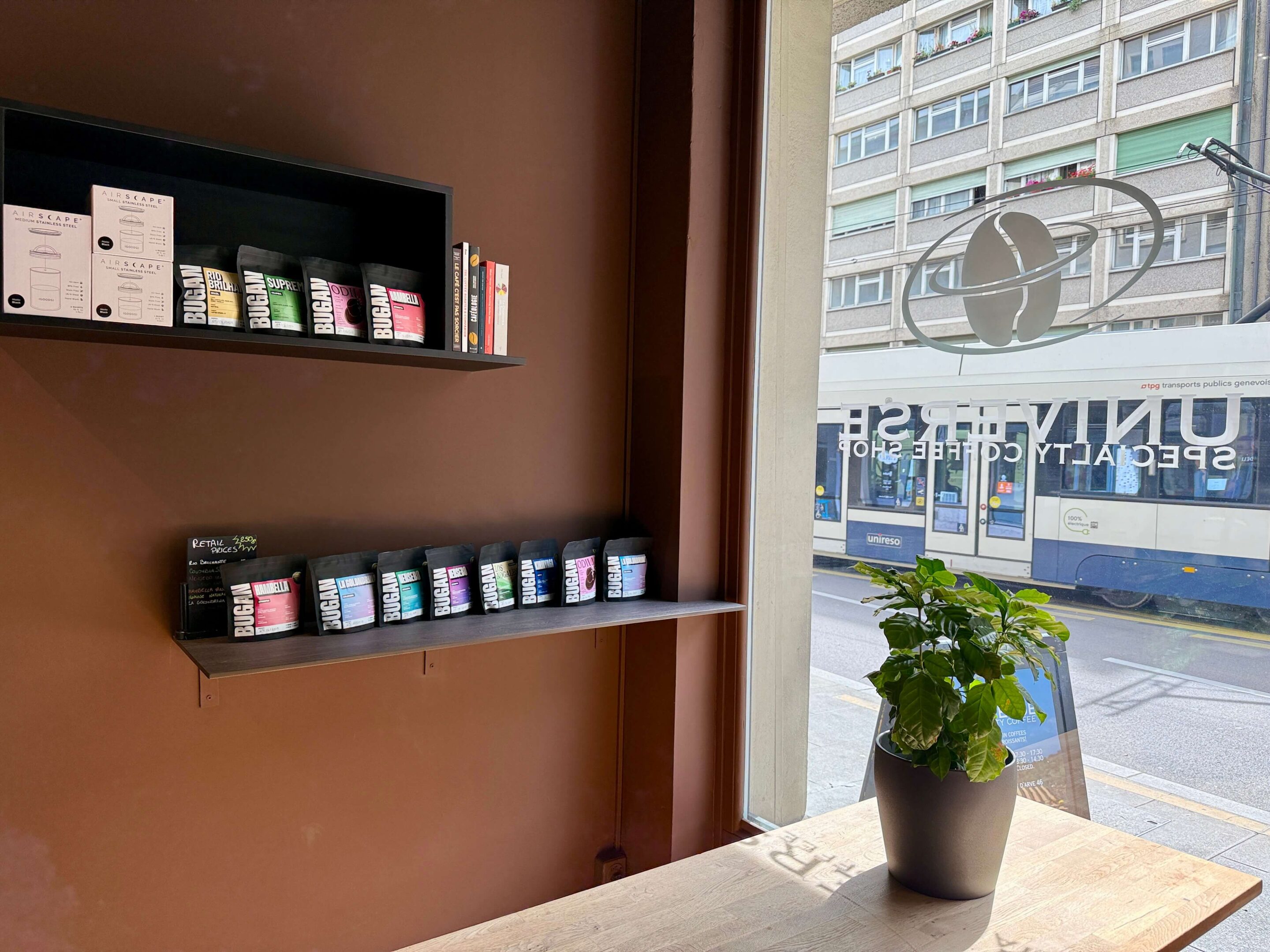 View of a shelf with coffee bags and a small coffee plant on a table